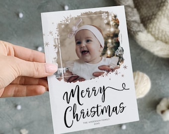 Photo Holiday Card Template, Printable Christmas Card with Photo, Family Photo Card, New Year's Card, Christmas Cards, Snowflake Frame