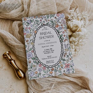Liefde in bloei, handgetekende uitnodigingssjabloon vrijgezellenfeest, kleurrijk botanisch, afdrukbare uitnodiging vrijgezellenfeest, bloemen, shabby chic
