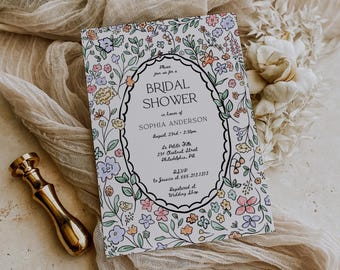 Amor en Flor, Plantilla de Invitación de Despedida de Soltera Dibujada a Mano, Botánica Colorida, Invitación de Despedida de Soltera Imprimible, Flores, Shabby Chic