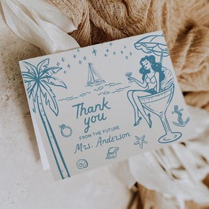 Tarjeta de agradecimiento, Tarjeta de agradecimiento, Gracias personalizada, Plantilla de tarjeta de agradecimiento, Dibujada a mano, Última vela, Despedida de soltera en la playa, Costera, Personalizada