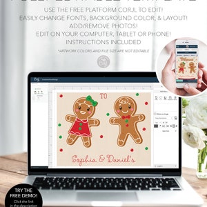 May include: A laptop displays a customizable invitation template with gingerbread people. The text reads "Sophia & Daniel's" and "Welcome". The image also shows a phone displaying the same design. The template is fully editable using the free platform Corjl.