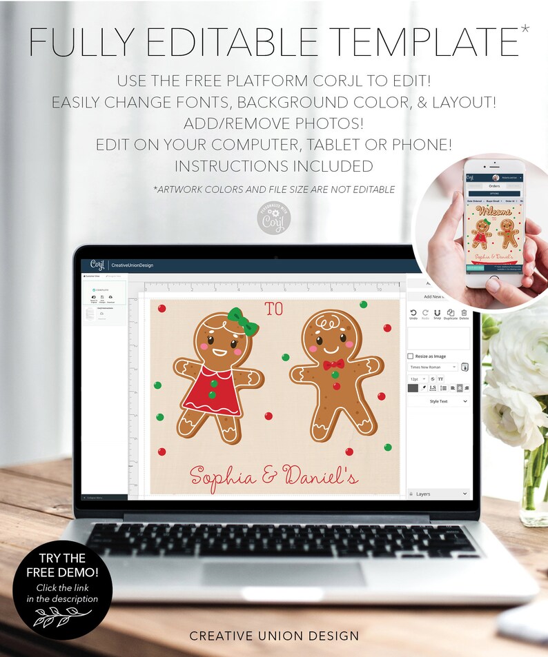 May include: A laptop displays a customizable invitation template with gingerbread people. The text reads "Sophia & Daniel's" and "Welcome". The image also shows a phone displaying the same design. The template is fully editable using the free platform Corjl.
