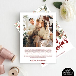May include: Christmas card with a family photo and holiday design elements. The card features a family portrait, festive greenery, and the word "Christmas" in red script. Includes the text "With love, The Andersons."