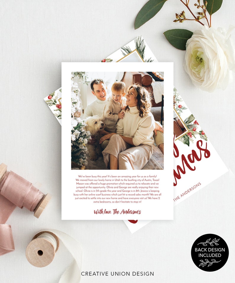 May include: Christmas card with a family photo and holiday design elements. The card features a family portrait, festive greenery, and the word "Christmas" in red script. Includes the text "With love, The Andersons."