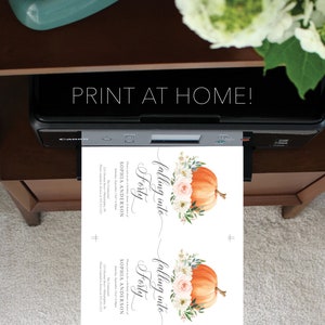 May include: Printable invitation for a fall-themed party with a pumpkin and floral design. The text reads "Falling into Forty" and includes the name Sophia Anderson and the date September 2nd, 2023.