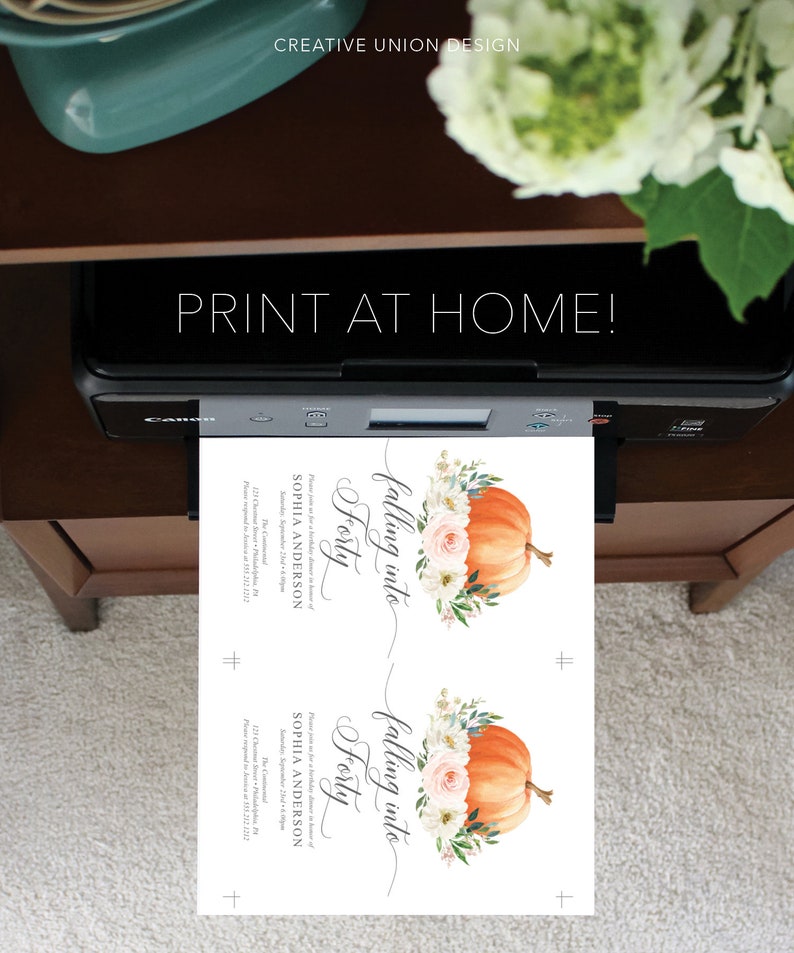 May include: Printable invitation for a fall-themed party with a pumpkin and floral design. The text reads "Falling into Forty" and includes the name Sophia Anderson and the date September 2nd, 2023.