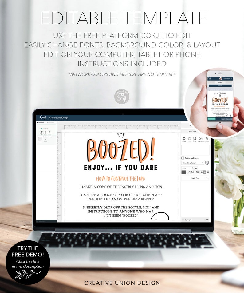 K&ouml;nnte beinhalten: Ein Laptop zeigt eine Vorlage mit dem Text "BOOZED! Enjoy... If You Dare." Das Design enth&auml;lt Anweisungen f&uuml;r eine lustige Aktivit&auml;t. Ein Smartphone zeigt ein &auml;hnliches Design. Das Bild enth&auml;lt auch den Text "Bearbeitbare Vorlage."