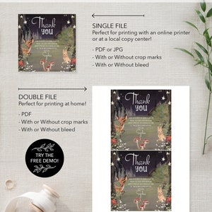 May include: Printable thank you card with a woodland theme. The card features a deer, a rabbit, mushrooms, and stars against a dark forest background. The text "Thank You" is written in a whimsical font. The card is available in single or double file formats.