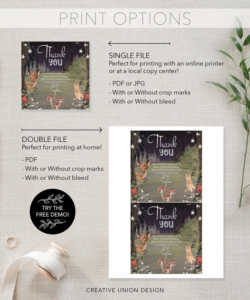 May include: Printable thank you card with a woodland theme. The card features a deer, a rabbit, mushrooms, and stars against a dark forest background. The text "Thank You" is written in a whimsical font. The card is available in single or double file formats.