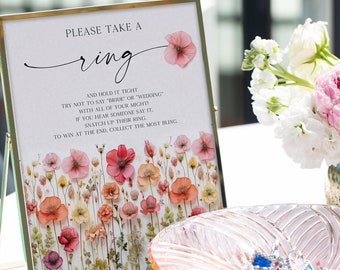 Put A Ring On It Game Sign, Boho Bridal Shower Sign File, Bridal Shower Games, Ring Game, Floral Bridal Shower Decor, Flower Stems, Colorful