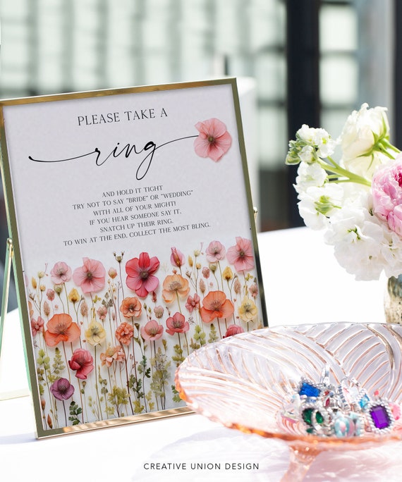 Put A Ring On It Game Sign, Boho Bridal Shower Sign File, Bridal Shower Games, Ring Game, Floral Bridal Shower Decor, Flower Stems, Colorful