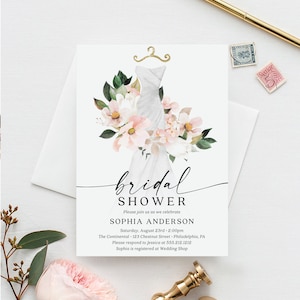 Plantilla de invitación para despedida de soltera, vestido, invitación para brunch nupcial, invitación editable e imprimible, descarga instantánea, diseño botánico, hortensia ruborizada