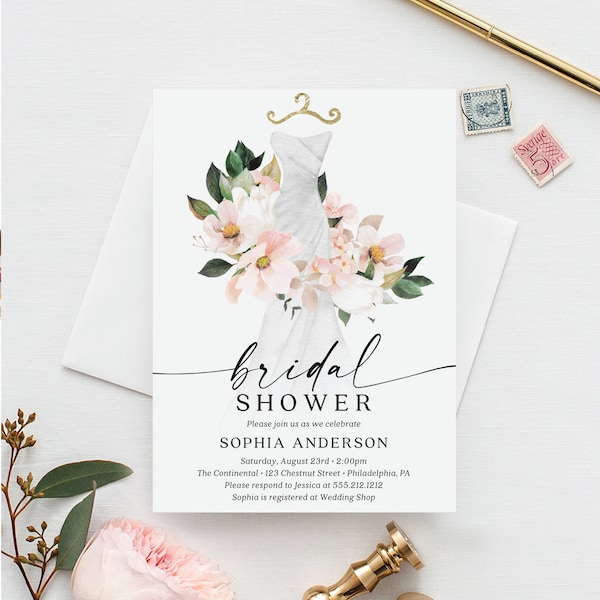 Plantilla de invitación para despedida de soltera, vestido, invitación para brunch nupcial, invitación editable e imprimible, descarga instantánea, diseño botánico, hortensia ruborizada
