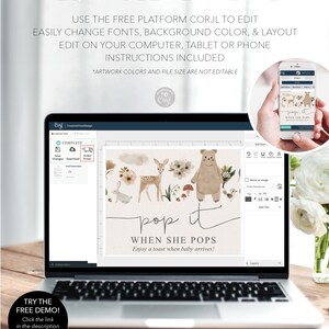Puede incluir: Plantilla editable para un cartel de baby shower con tem&aacute;tica de bosque. El cartel dice "Pop it When She Pops" y presenta un oso, un ciervo, hongos y flores. La plantilla se puede editar usando la plataforma Corjl.