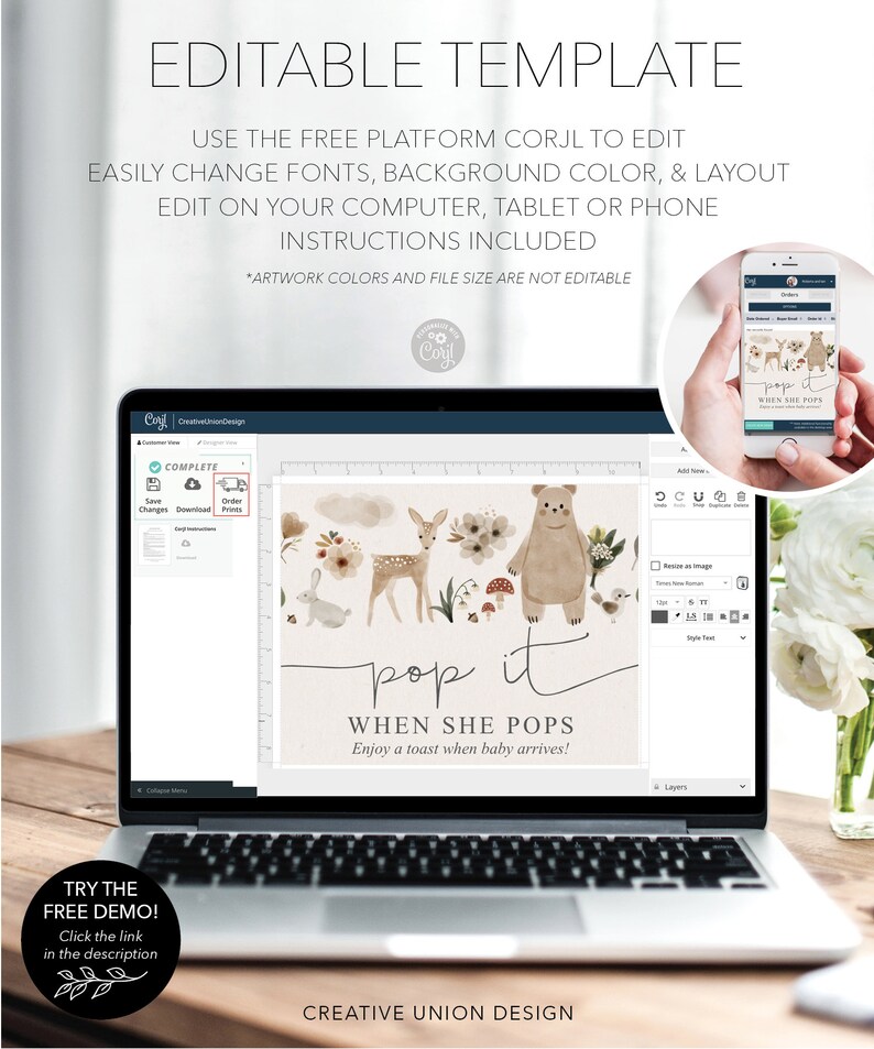 Puede incluir: Plantilla editable para un cartel de baby shower con tem&aacute;tica de bosque. El cartel dice "Pop it When She Pops" y presenta un oso, un ciervo, hongos y flores. La plantilla se puede editar usando la plataforma Corjl.