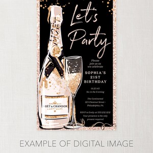 May include: A black and gold digital invitation with a champagne bottle and glass. The text reads "Let's Party" and "Sophia's 21st Birthday".
