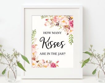 How Many Kisses Game - Bridal Shower Game - Kisses Game - Sign and Cards - Wedding Shower - Bridal Shower Games - Printable - Antique Rose
