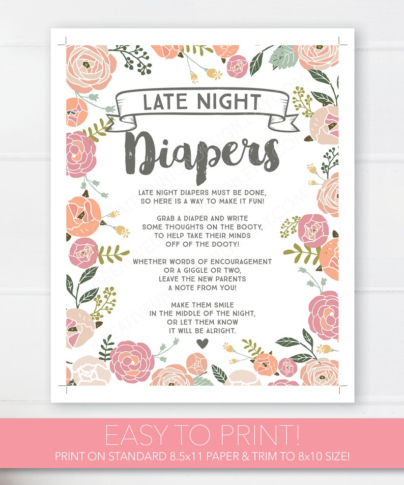 Late Night Diapers Baby Shower Sign File 8x10 Printable File - Etsy
