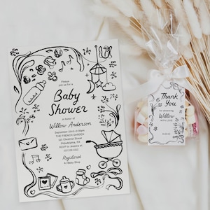 Hand Drawn Baby Shower Invitation with Tag Template, Girl Baby Shower, Printable Boy Baby Shower Invite, Gender Neutral, Bundle, Whimsical