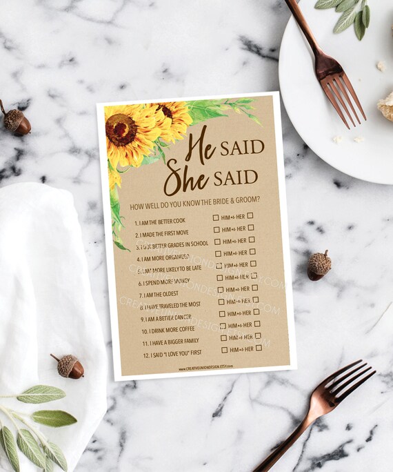 He Said She Said Bridal Shower Game - Sunflower Bridal Shower Game - Wedding Shower - Sunflowers - Print at Home - Instant Download Il_570xn