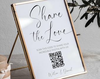 Share The Love QR Code Sign Template, Scannable Photo Sharing Sign, Share Your Photos, Wedding, Capture The Love, Download, Beautiful Boho