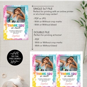 Peut inclure: Une carte de remerciement imprimable avec un fond tie-dye et une photo d'un enfant en maillot de bain. Le texte sur la carte dit "Merci beaucoup" et "Pour avoir rendu mon anniversaire sp&eacute;cial ! J'ai pass&eacute; un bon moment &agrave; faire la f&ecirc;te avec vous tous ! Sophia".