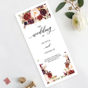 Trifold Wedding Program Template - Wedding Program Folded - Wedding Ideas - Formal Wedding Programs - Printable - Burgundy Marsala