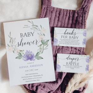 Pastelpaarse uitnodiging babyshower set sjabloon, afdrukbare bewerkbare, bedankkaart, luierloterij, boeken voor baby, lavendel, bloemen