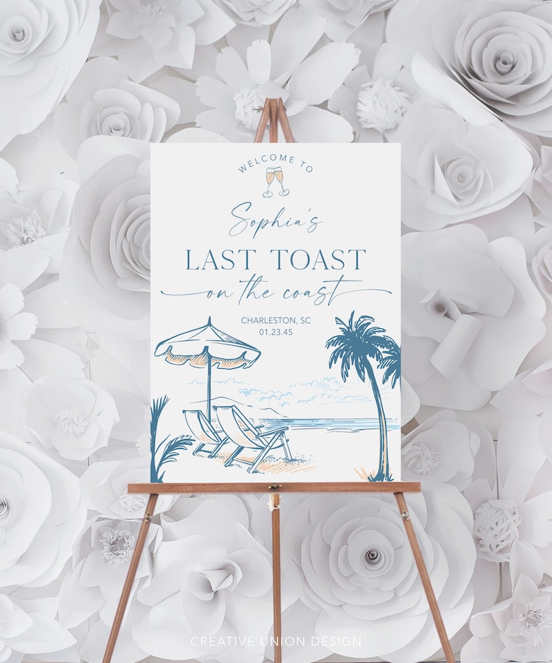 May include: A welcome sign for a last toast party with a blue and white illustration of a beach scene with palm trees, beach chairs, and an umbrella. The text on the sign reads "Welcome to Sophia's Last Toast on the Coast, Charleston, SC 01.23.45".
