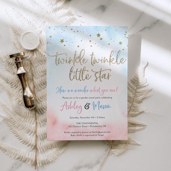 Twinkle Twinkle Gender Reveal Invitation Template, Printable Baby Shower Invite, Editable Gender Reveal Invite, Boy or Girl, Download