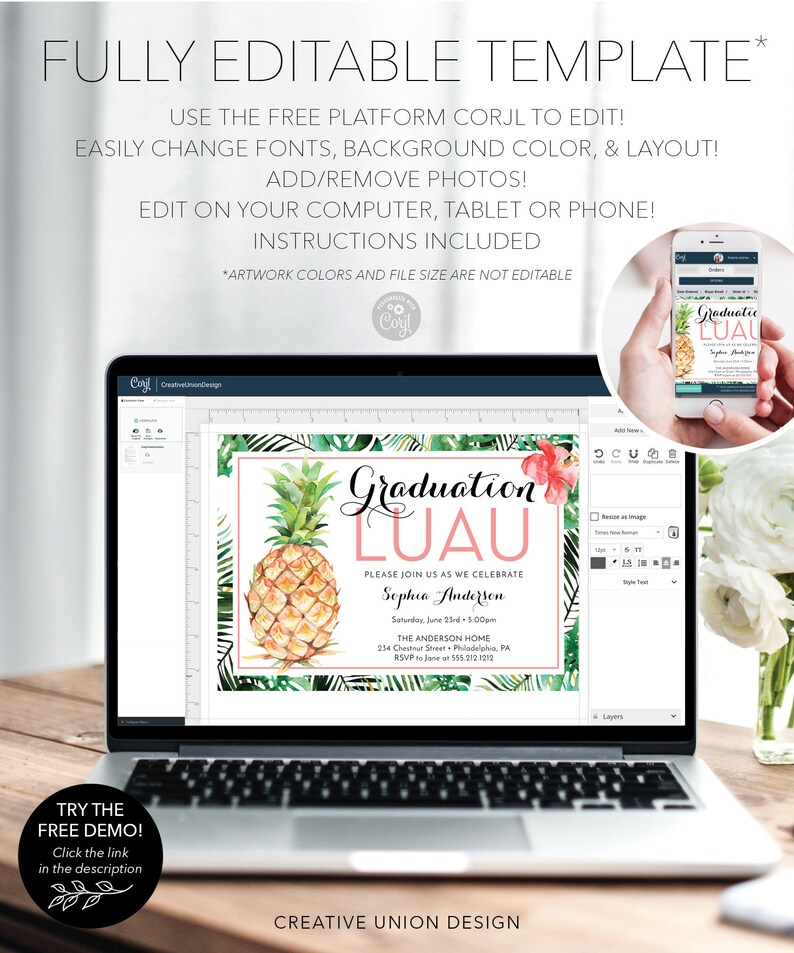 Puede incluir: Una plantilla digital para una invitaci&oacute;n a un luau de graduaci&oacute;n. La invitaci&oacute;n presenta una pi&ntilde;a, hojas tropicales y el texto "Graduation Luau".