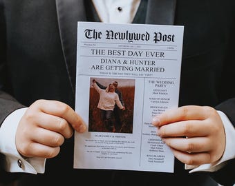 May include: A wedding program printed to look like a newspaper with the headline "The Newlywed Post". The program includes the names of the bride and groom, Diana and Hunter, and the wedding party. A photo of the couple is featured in the upper left corner.