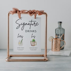 Mall för signaturmocktails, drinkskylt, utskrivbar signaturcocktailskylt, hans och hennes drinkskylt, drinkskylt, barmeny, modern minimalistisk bild 1