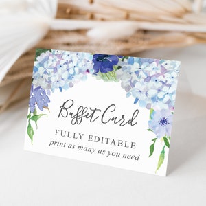 Plantillas de carteles de comida para bufé, etiquetas de comida imprimibles, tarjetas con forma de carpa, estaciones de comida, tarjetas de comida editables, descarga, hortensia azul vintage