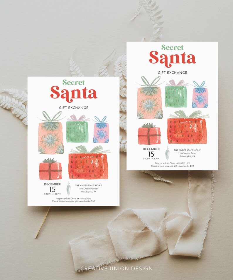 May include: Two Secret Santa gift exchange invitations. The design features watercolor illustrations of wrapped gifts in shades of red, green, and pink. The text includes the date, time, and location of the event.