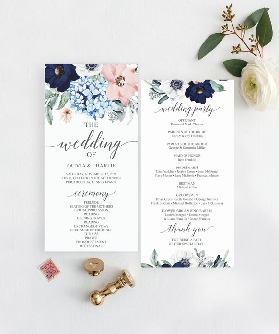 Navy Blooms Wedding Programs Template 4x8 Wedding Program Etsy