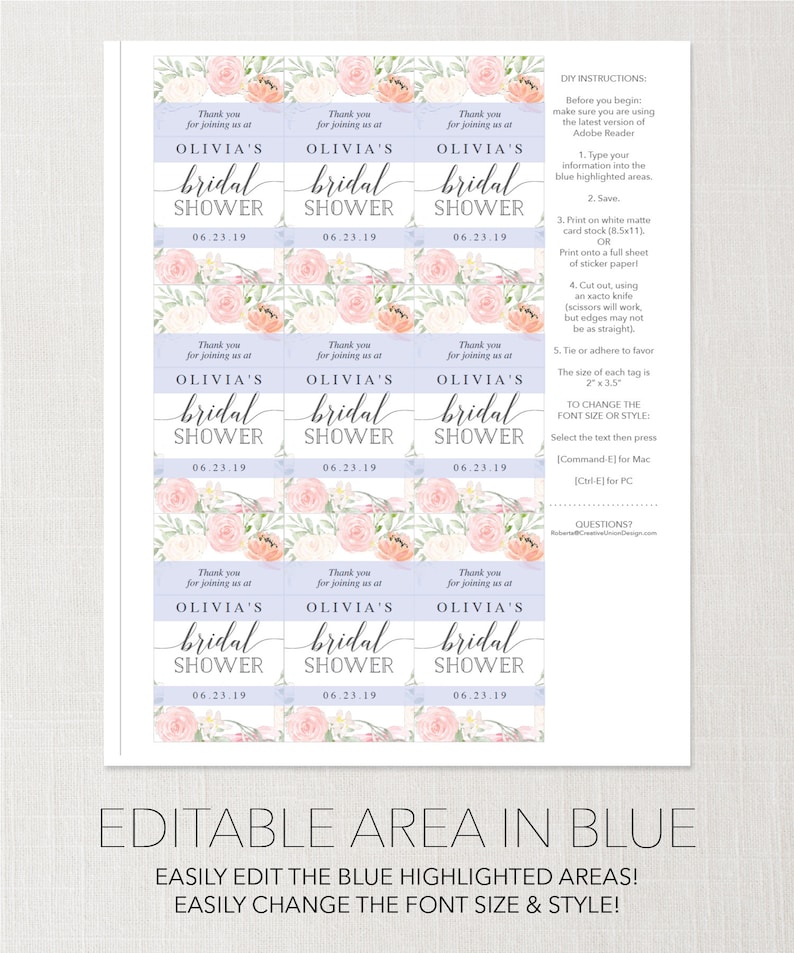 Printable Bridal Shower Favor Tags Thank You Tag Editable - Etsy