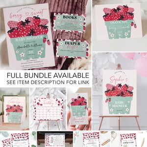 May include: A printable baby shower party bundle with a strawberry theme. The bundle includes a welcome sign, a diaper raffle card, a thank you card, a baby shower invitation, a game card, a prediction card, a name that song card, a guest book, and a calendar.