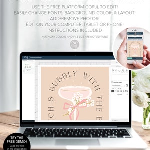 Op de afbeelding: Een digitaal ontwerptemplate voor een printbaar bord met de tekst "Brunch & Bubbly with the Bride". Het ontwerp bevat een champagnefluit met roze bloemen en een roze lint. De template is volledig bewerkbaar en kan worden aangepast met behulp van het Corjl-platform.