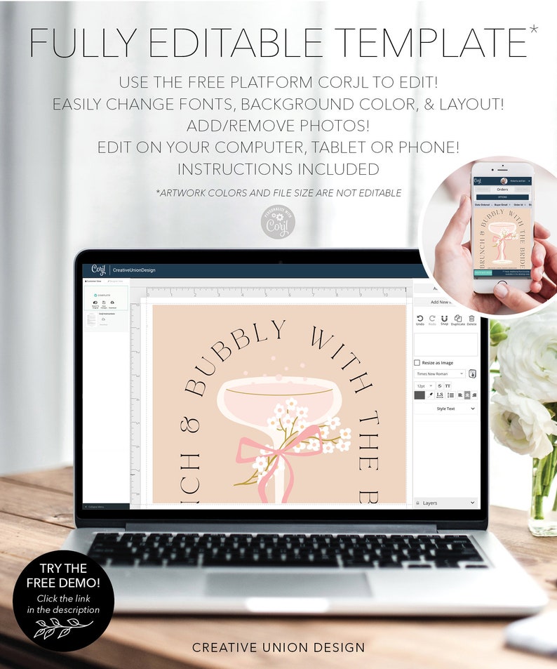 Op de afbeelding: Een digitaal ontwerptemplate voor een printbaar bord met de tekst "Brunch & Bubbly with the Bride". Het ontwerp bevat een champagnefluit met roze bloemen en een roze lint. De template is volledig bewerkbaar en kan worden aangepast met behulp van het Corjl-platform.