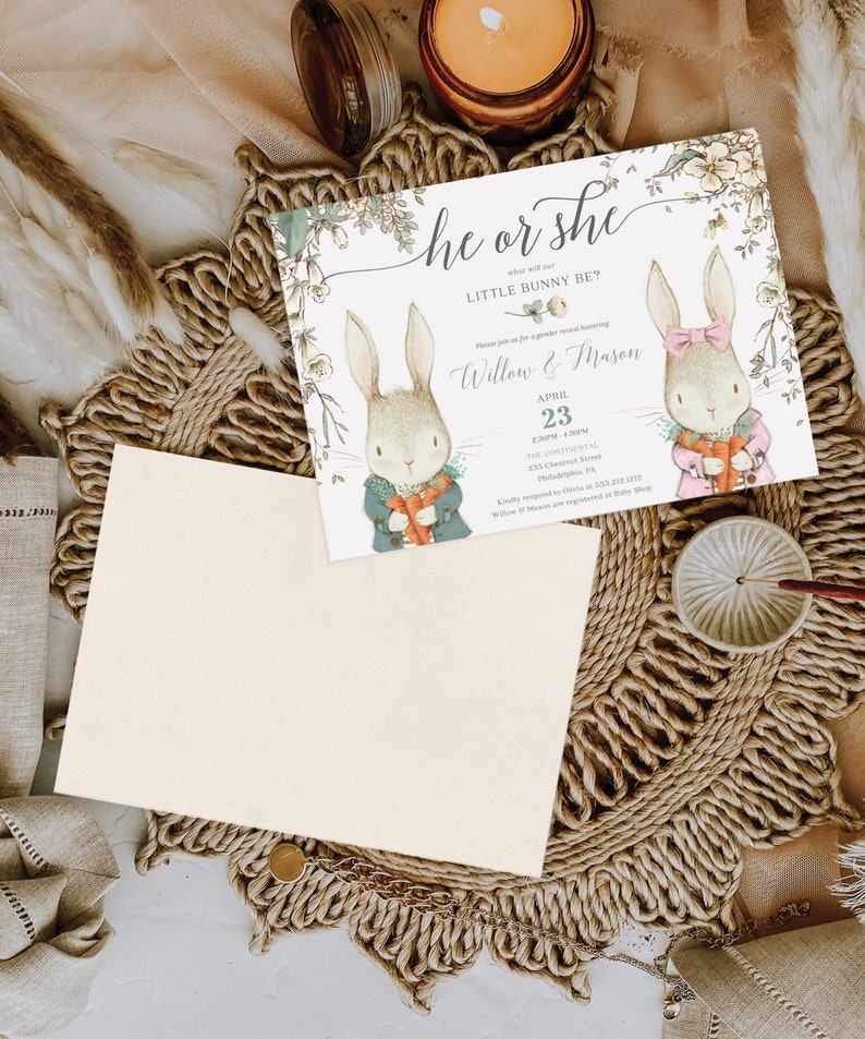 Modèle d'invitation vintage pour révélation du sexe d'un bébé lapin, thème lapin, révélation du sexe sur le thème de la forêt, à télécharger, garçon ou fille, bébé lapin image 2