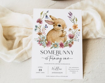 Somebunny First Birthday Invite Template, Bunny Birthday Invitation, 1st Birthday Party Printable, Easter, Wildflowers, Baby 1st Birthday