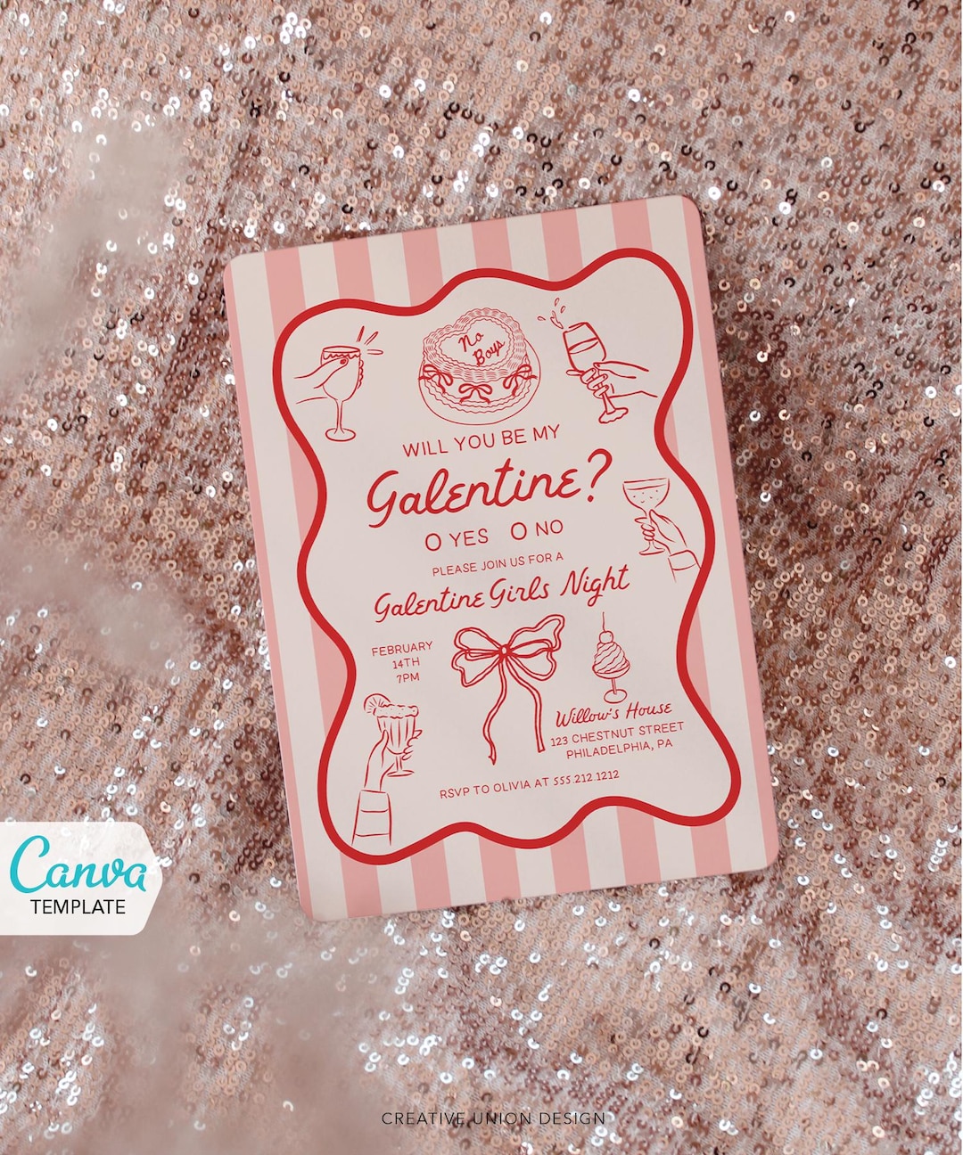 Galentines Day Invite Template Whimsical Hand Drawn Printable