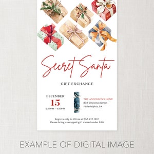 Pu&ograve; includere: Un invito digitale per uno scambio di regali di Secret Santa. Il design presenta illustrazioni ad acquerello di regali confezionati con nastri e fiocchi. Il testo include i dettagli dell'evento: data, ora e luogo. L'invito &egrave; progettato per l'invio di SMS o e-mail.