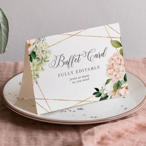 Plantillas de carteles de comida para bufé, etiquetas de comida imprimibles, tarjetas con forma de carpa, estaciones de comida, tarjetas de comida editables, descarga, hortensia ruborizada, marco dorado