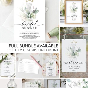 May include: A set of printable bridal shower decorations featuring a watercolor illustration of a white dress with greenery. The set includes a welcome sign, a thank you tag, a menu, a recipe card, a water bottle label, a date night ideas card, and a bridal shower game card. The text on the welcome sign reads "Welcome to Veronica's Bridal Shower".