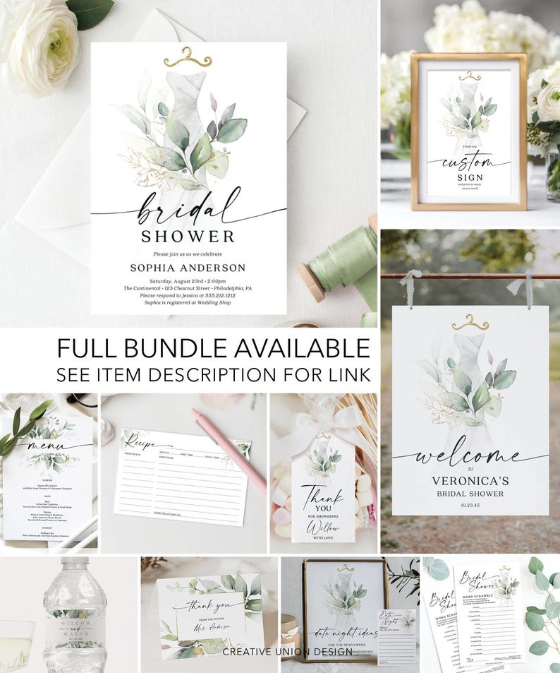 May include: A set of printable bridal shower decorations featuring a watercolor illustration of a white dress with greenery. The set includes a welcome sign, a thank you tag, a menu, a recipe card, a water bottle label, a date night ideas card, and a bridal shower game card. The text on the welcome sign reads "Welcome to Veronica's Bridal Shower".