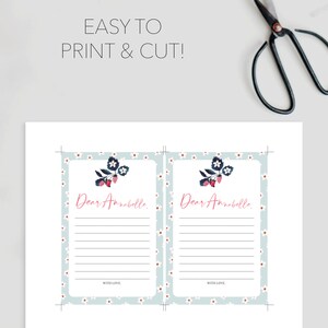 May include: Two printable cards with a blue and white floral pattern. Each card has a line for writing "Dear Annabelle." and a space for a message. The cards are easy to print and cut.