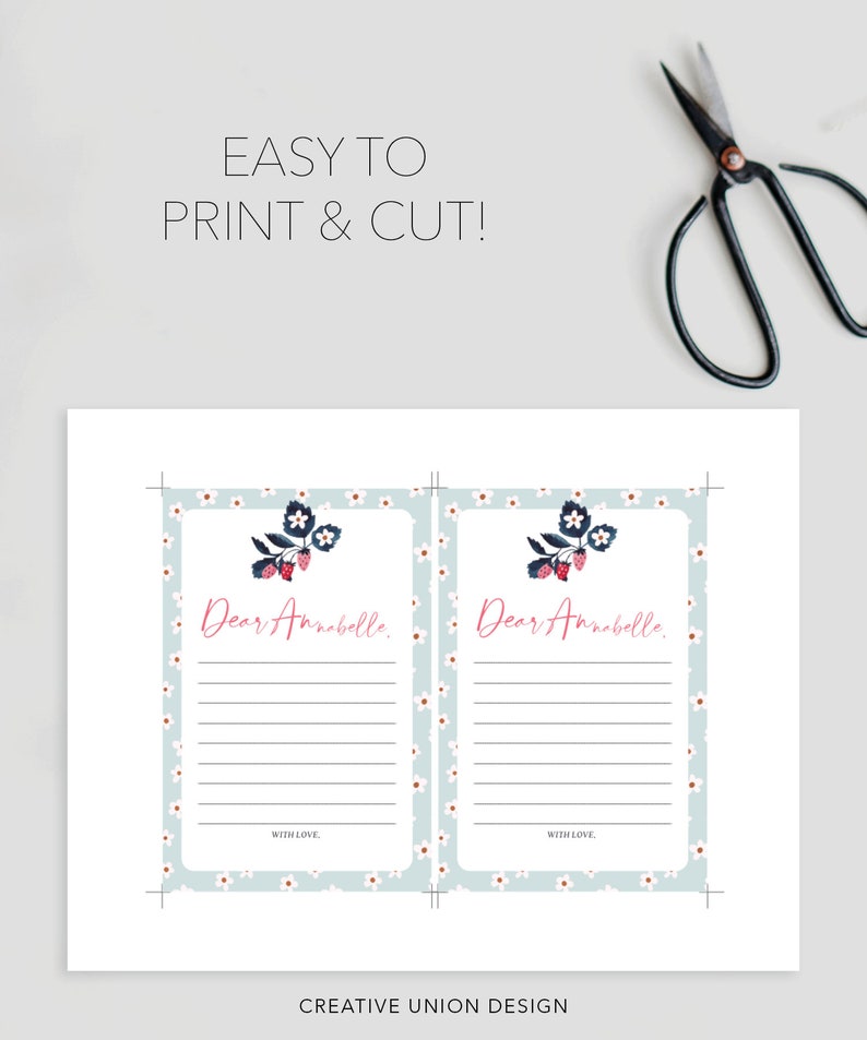 May include: Two printable cards with a blue and white floral pattern. Each card has a line for writing "Dear Annabelle." and a space for a message. The cards are easy to print and cut.