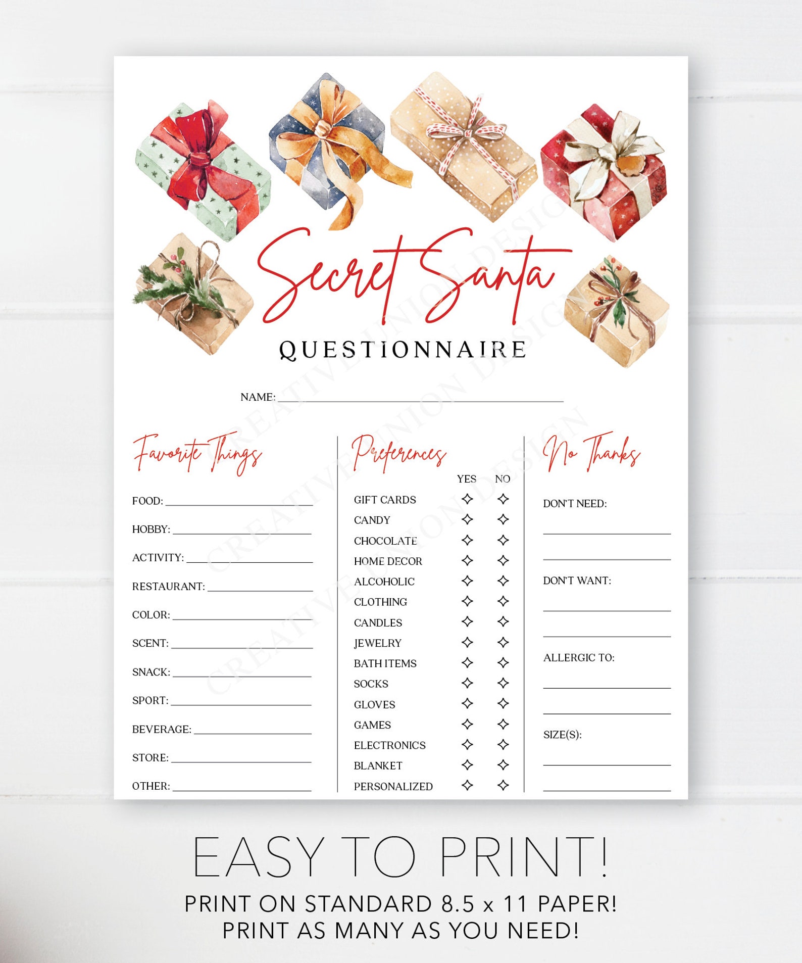 Printable Secret Santa Gift Exchange Questionnaire Christmas Etsy